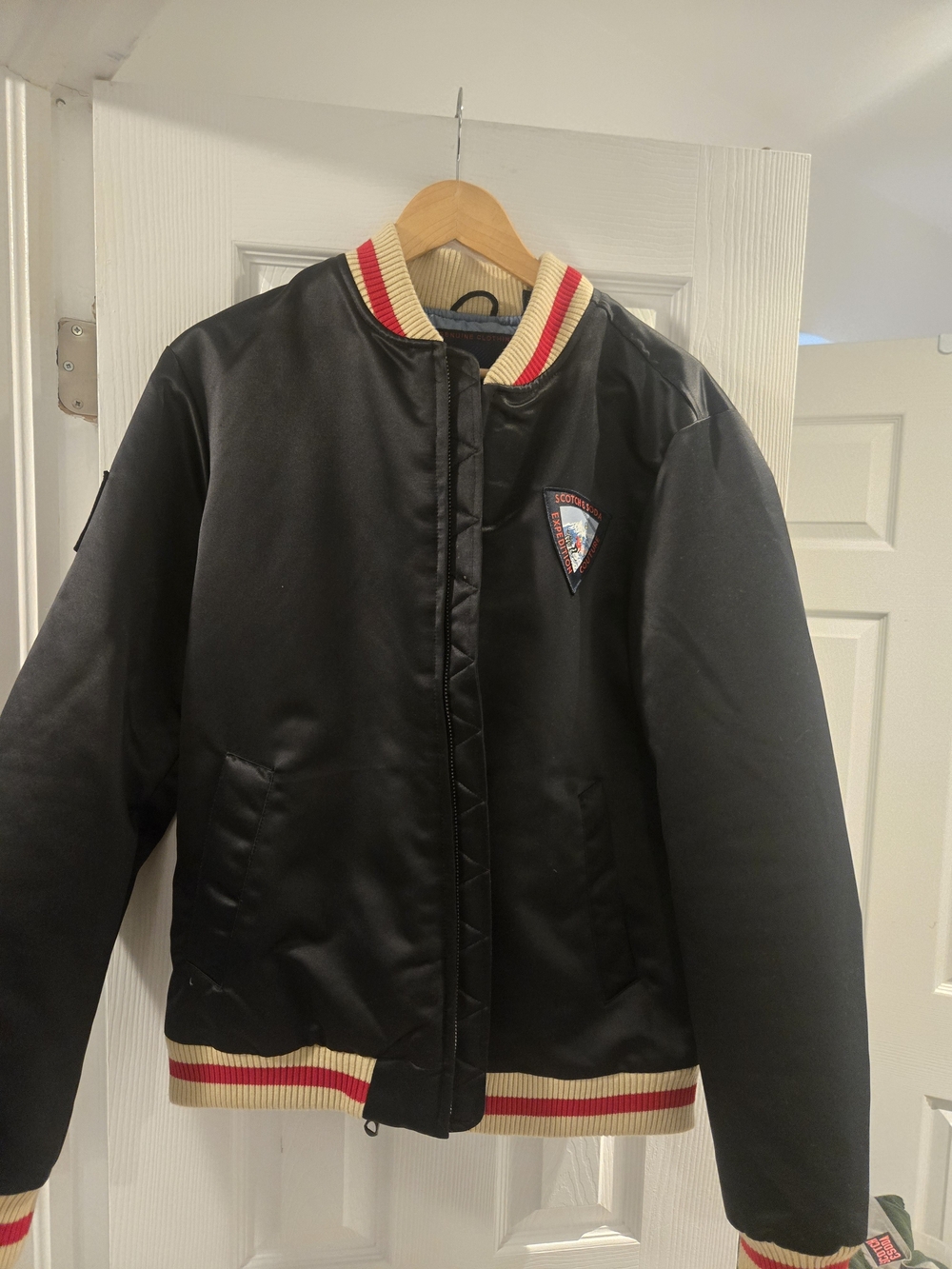 Soda Black Puffer Jacket with Red & Cream Stripe Trim
